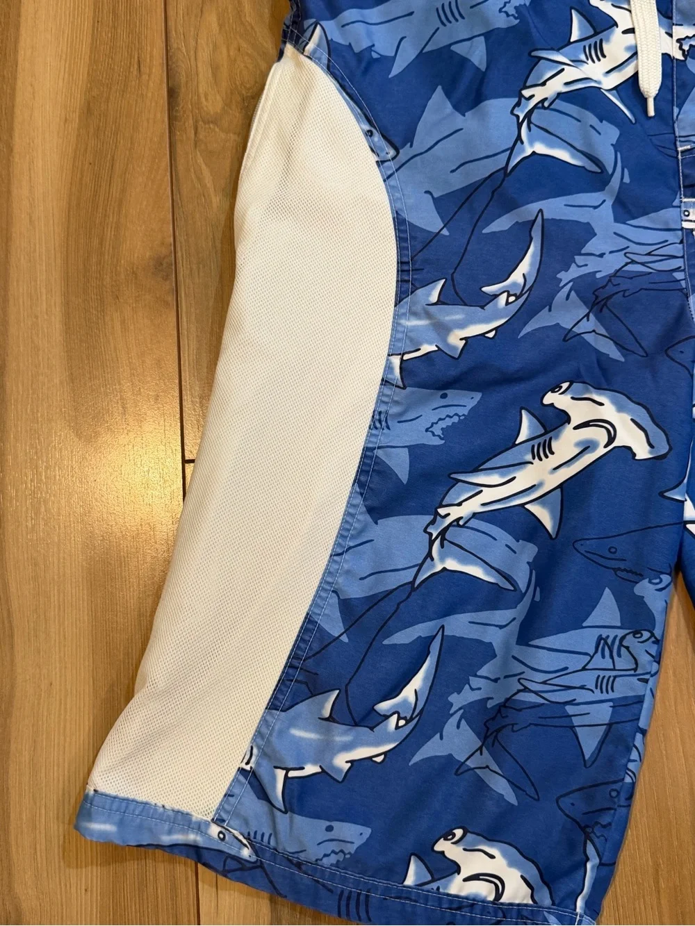 Vintage Wild Planet Men's Blue Shark-Print Swim Trunks with White Side Panels
